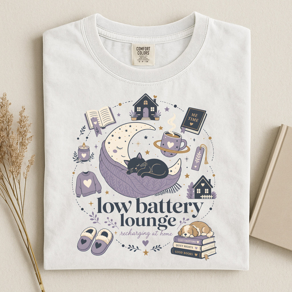 Low Battery Lounge T-Shirt — Cozy Self-Care Sleepy Cat Graphic Tee