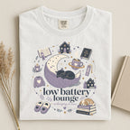 Low Battery Lounge T-Shirt — Cozy Self-Care Sleepy Cat Graphic Tee