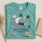 Low Battery Lounge T-Shirt — Cozy Self-Care Sleepy Cat Graphic Tee