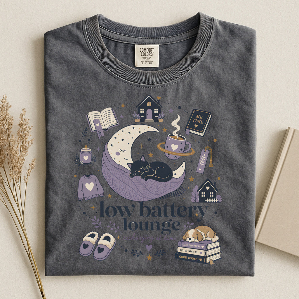 Low Battery Lounge T-Shirt — Cozy Self-Care Sleepy Cat Graphic Tee
