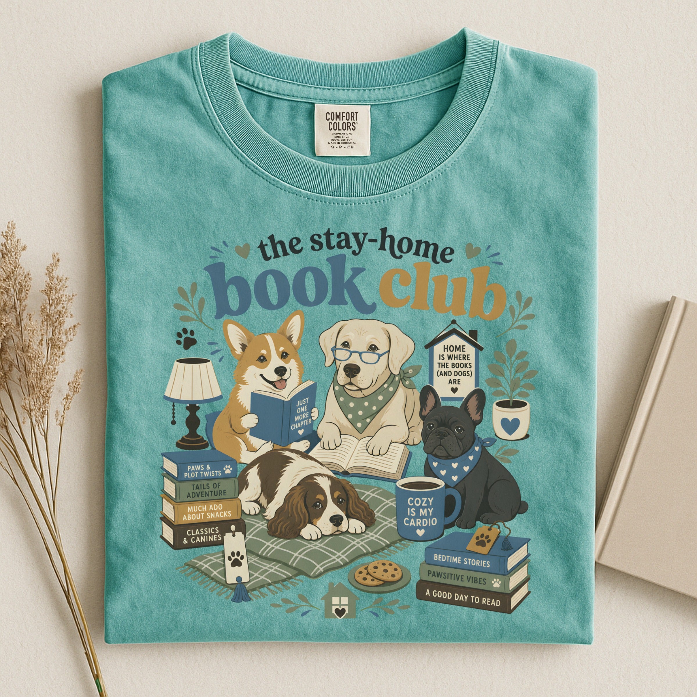 Stay-Home Book Club T-Shirt — Dogs Reading Cozy Graphic Tee