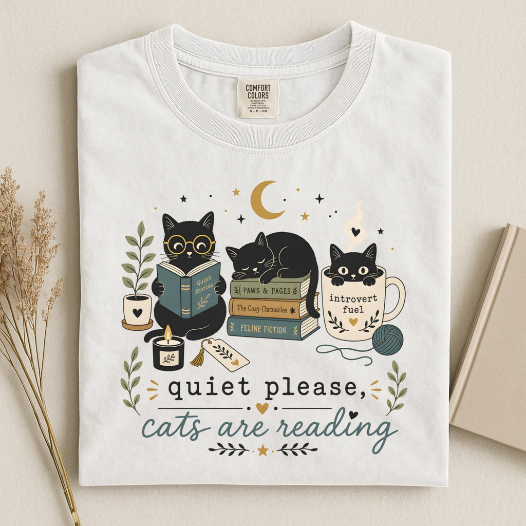 Cats Are Reading T-Shirt — Cute Bookish Cat Graphic Tee ("Quiet Please, Cats Are Reading")