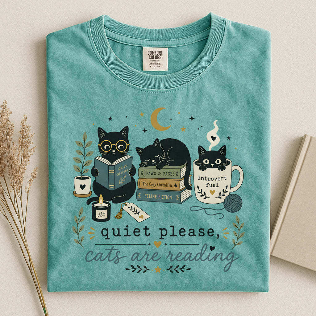 Cats Are Reading T-Shirt — Cute Bookish Cat Graphic Tee ("Quiet Please, Cats Are Reading")