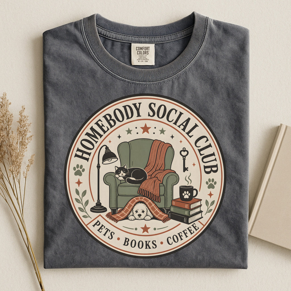 Homebody Social Club T-Shirt — Pets, Books & Coffee Graphic Tee