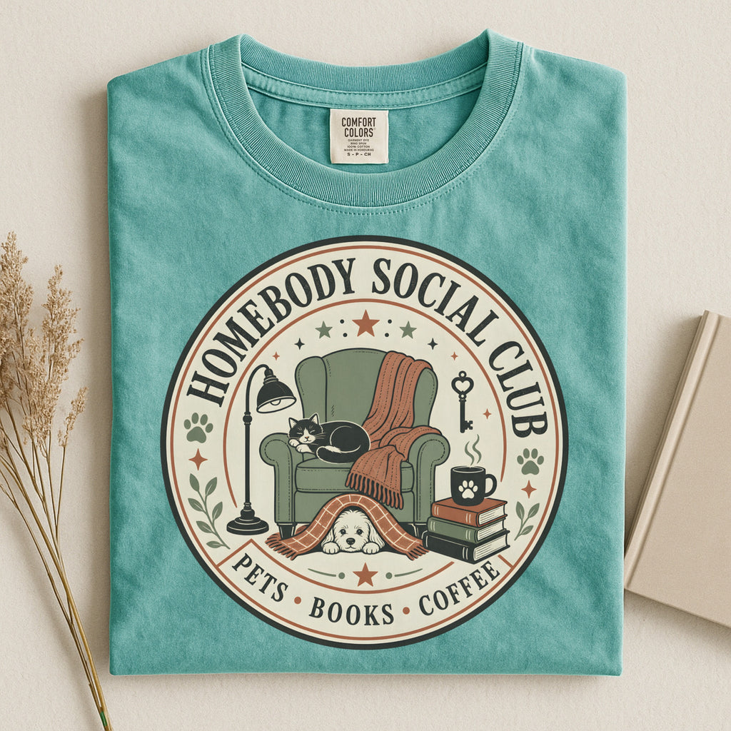 Homebody Social Club T-Shirt — Pets, Books & Coffee Graphic Tee