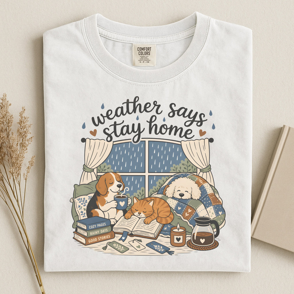 Weather Says Stay Home T-Shirt — Cozy Dogs Reading Indoor Comfort Tee