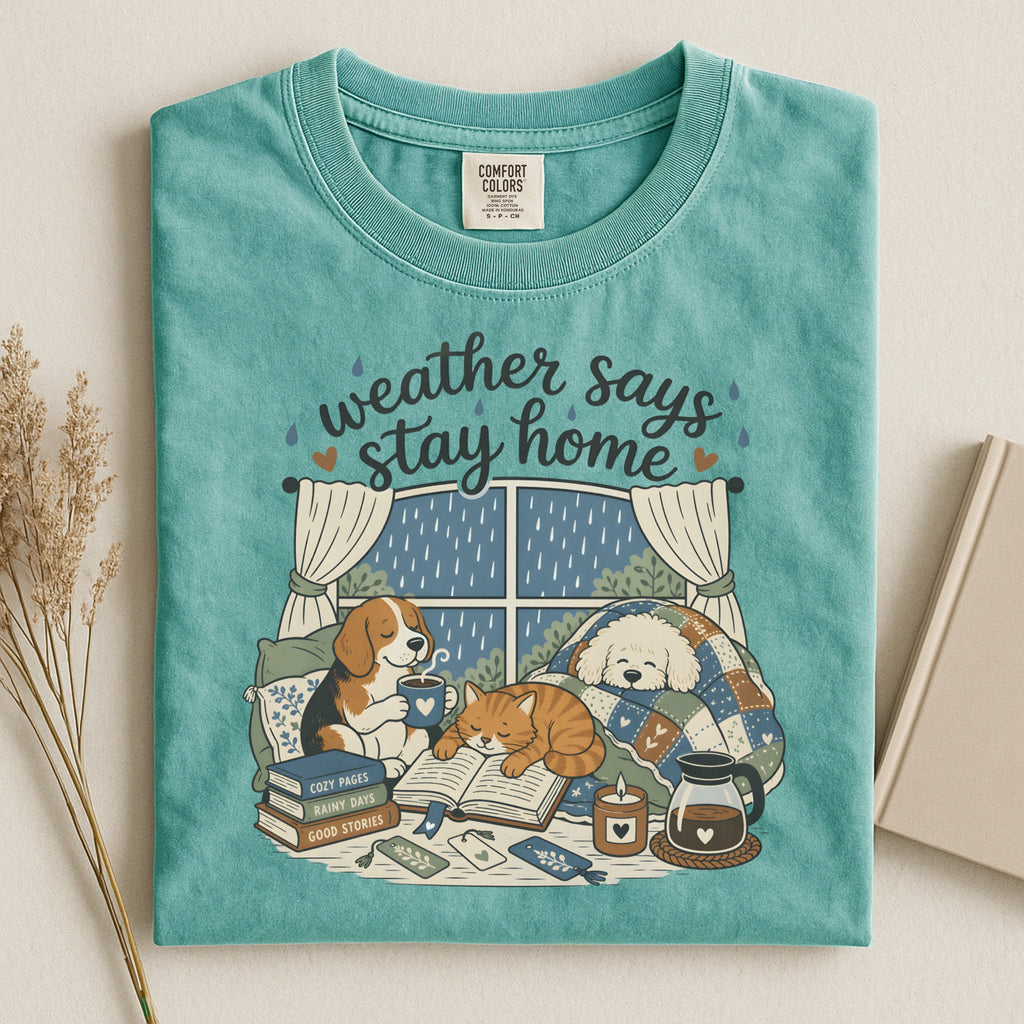 Weather Says Stay Home T-Shirt — Cozy Dogs Reading Indoor Comfort Tee