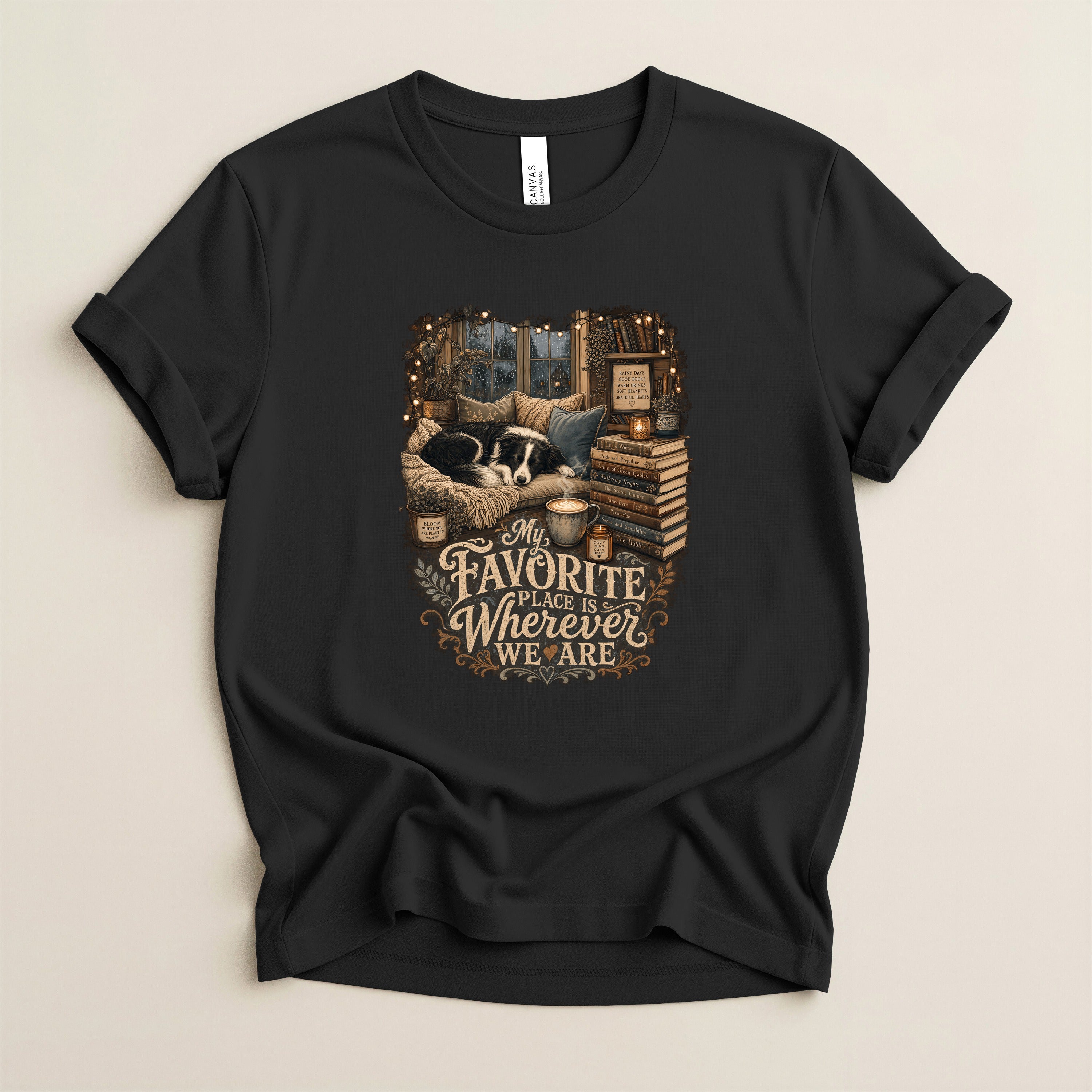 T-Shirt — "My Favorite Place Is Wherever We Are" Cozy Vintage Reading Room Tee