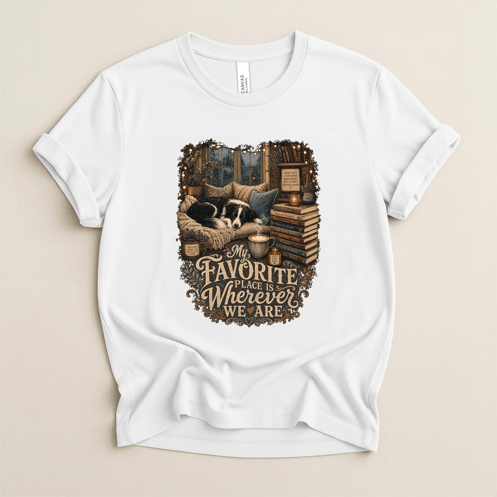 T-Shirt — "My Favorite Place Is Wherever We Are" Cozy Vintage Reading Room Tee
